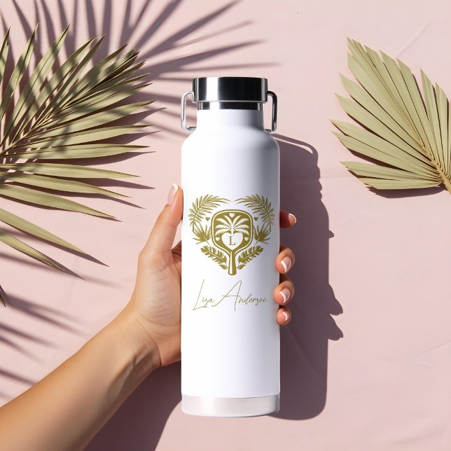 Bouteille D'eau Tir au Pickleball sous les Palmiers Tropicaux Rétr (Retro Tropical Palm Tree Pickleball Bridal Shower Water Bottle)