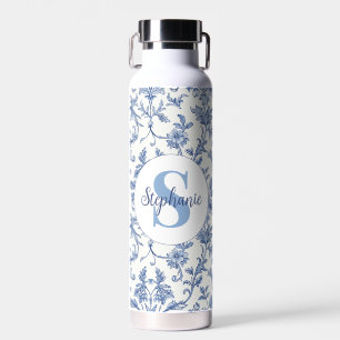 Bouteille D'eau Toile Bleue Motif Floral Monogramme Nom