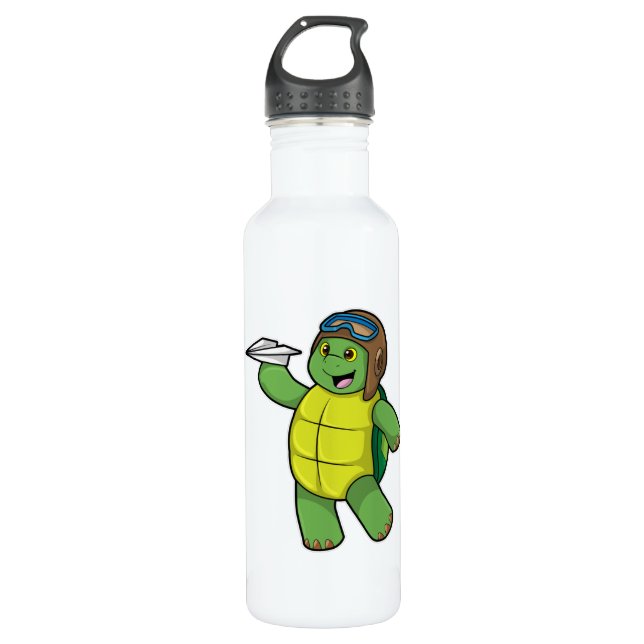Bouteille D'eau Tortue comme pilote avec avion en papier (Devant)