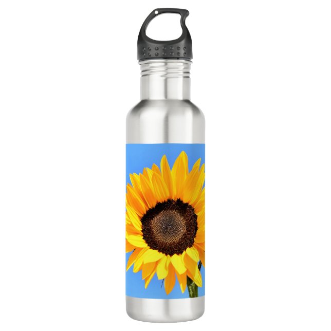 Bouteille D'eau Tournesol jaune contre soleil sur ciel bleu - été (Devant)