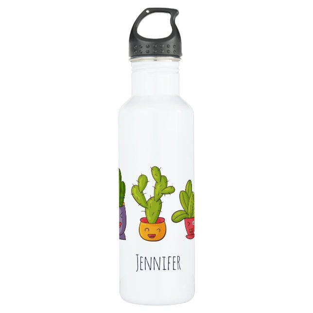 Bouteille D'eau Trois mignons cactus dans des pots de fleurs Illus (Devant)