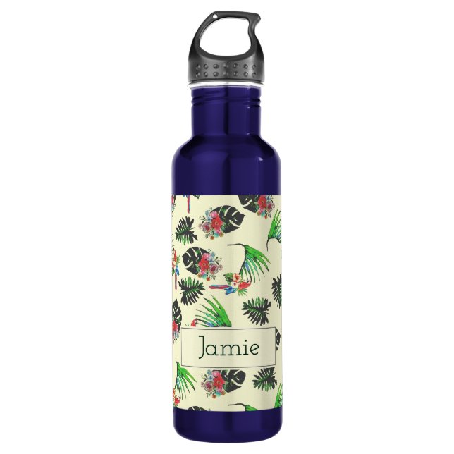 Bouteille D'eau Tropical Parrots and Floral Pattern Personalised (Devant)