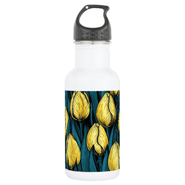Bouteille D'eau Tulières jaunes avec feuilles bleus (Devant)