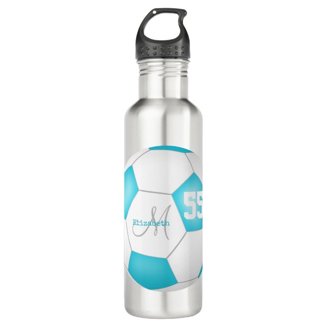 Bouteille D'eau turquoise blanc soccer nom fille numéro de maillot (Devant)