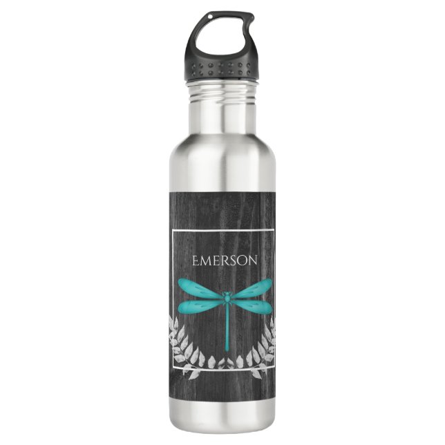 Bouteille D'eau Turquoise Dragonfly Rustic Personnalisé (Devant)