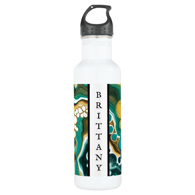 Bouteille D'eau Turquoise personnalisée, Or, Marbre Fluide Art (Devant)