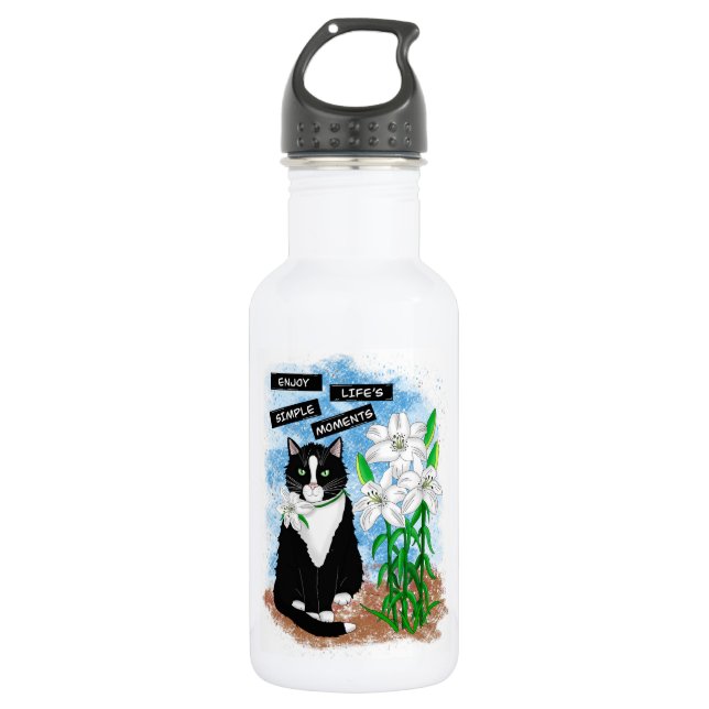 Bouteille D'eau Tuxedo Chat et Lilies | Devis inspirant (Devant)