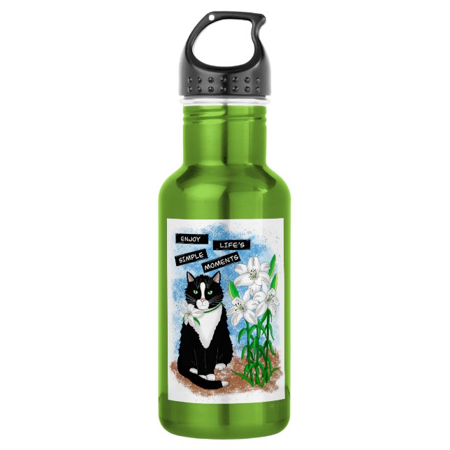 Bouteille D'eau Tuxedo Chat et Lilies | Devis inspirant (Devant)