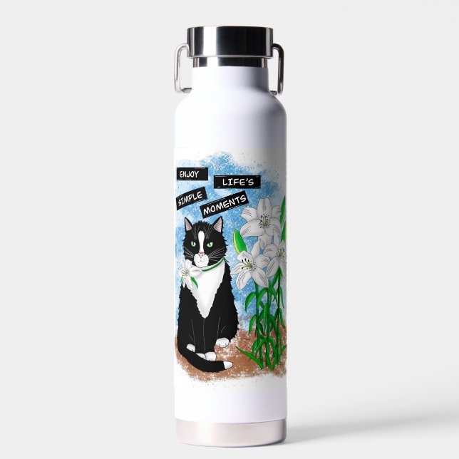 Bouteille D'eau Tuxedo Chat et Lilies | Devis inspirant (Avant)