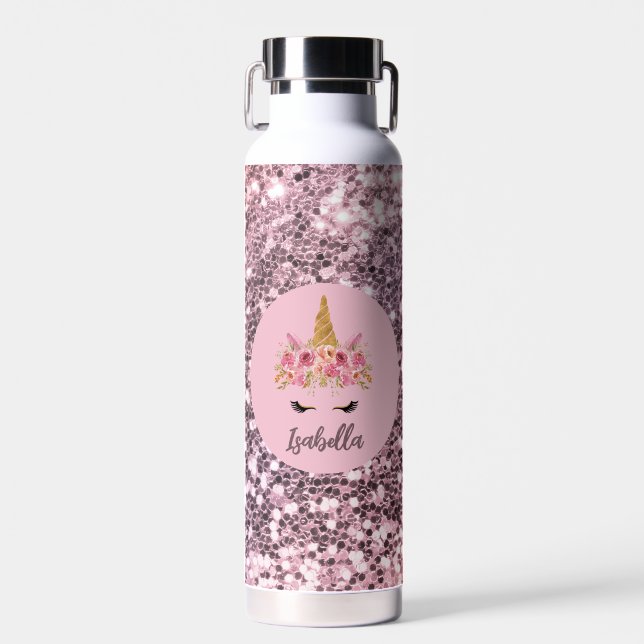 Bouteille D'eau Unicorne rose Parties scintillant florale Monogram (Avant)