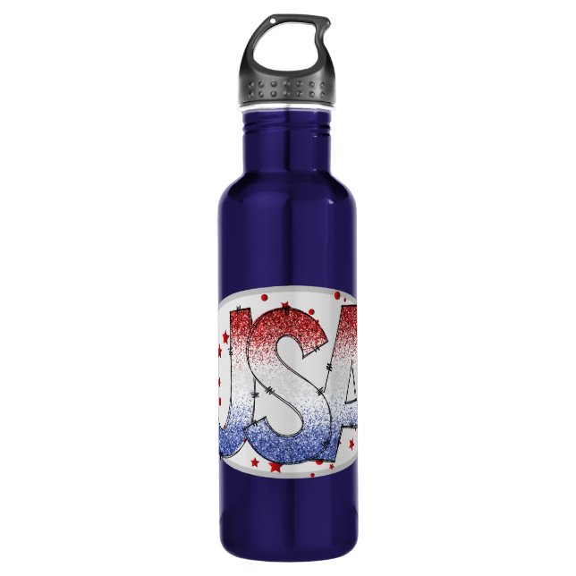 Bouteille D'eau USA Shimmer et Stars Word Art (Devant)