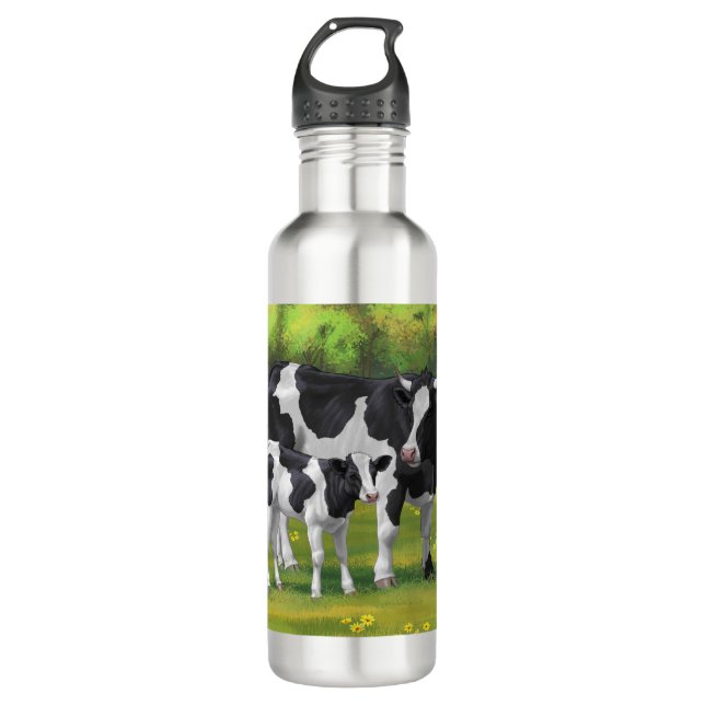 Bouteille D'eau Vache Holstein et veau mignon en pâturage d'été (Devant)
