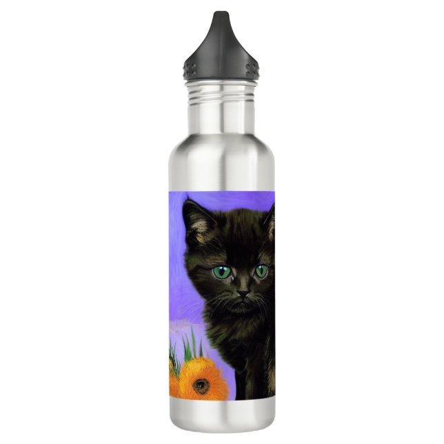 Bouteille D'eau Van Gogh Kitten noir avec des tournesols (Gauche)