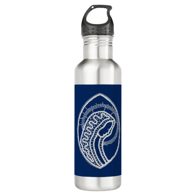 Bouteille D'eau Vierge Marie, dentelle blanche, bleu marine (Devant)