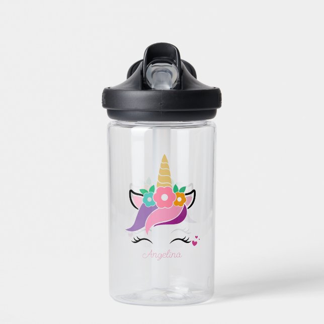 Bouteille D'eau Visage Unicorne rose personnalisé (Avant)