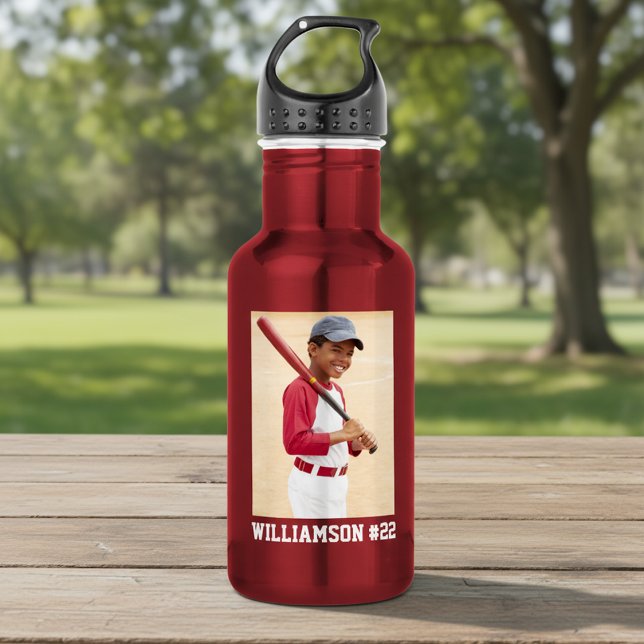 Bouteille D'eau Votre base-ball photo ou votre sport rouge (Customize with photo, name and team number.)