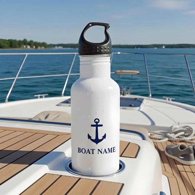 Bouteille D'eau Votre nom de bateau Ancre bleue blanc (Créateur téléchargé)