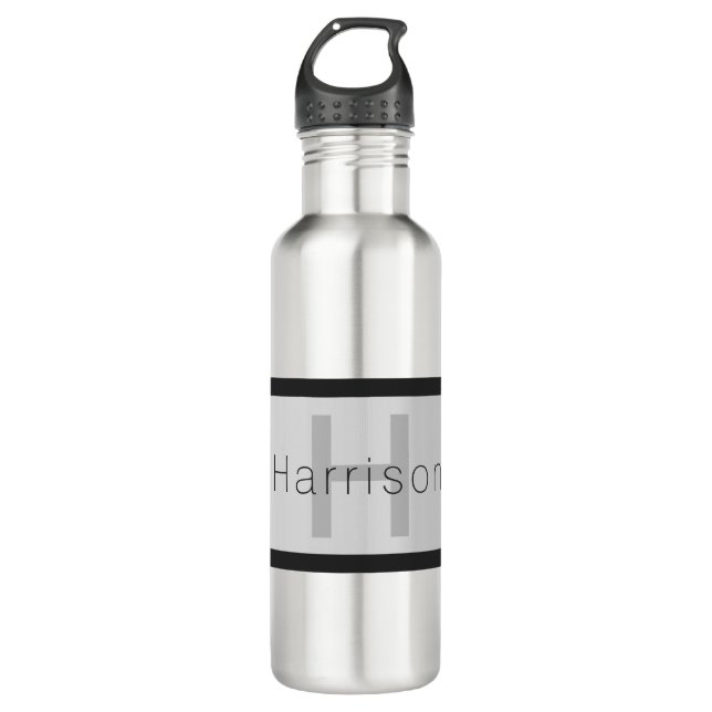 Bouteille D'eau Votre nom et votre monogramme | Gris & Faux Silver (Devant)