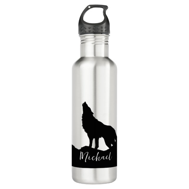 Bouteille D'eau Wolf Pop Art Votre Nom Personnalisé Noir Blanc (Devant)