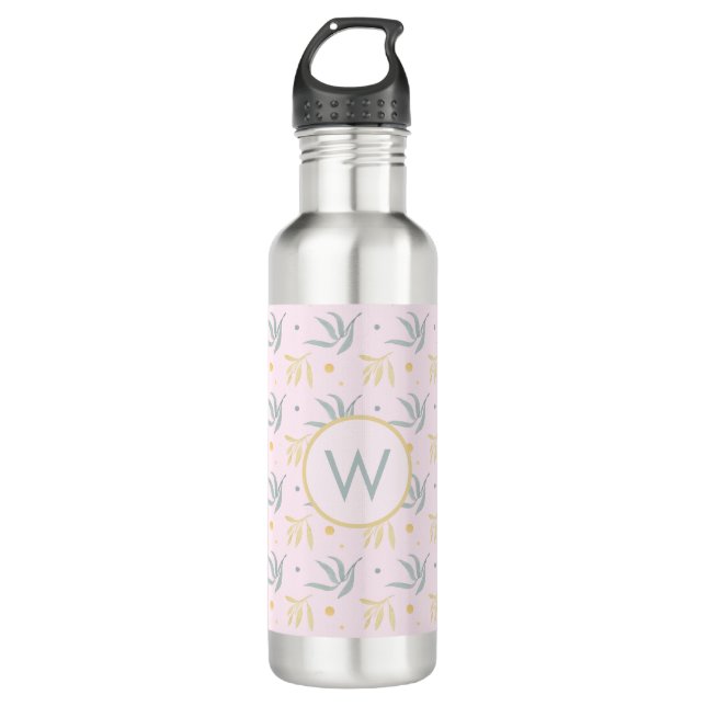 Bouteille D'eau Zen Pastel rose Motif Botanique Monogramme (Devant)