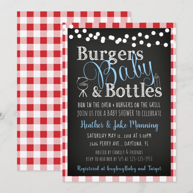 Bouteilles En vichy Burgers, Invitation Baby showe (Devant / Derrière)
