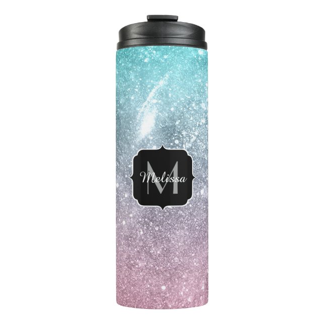 Bouteilles Isothermes Aqua bleu rose galaxie marine abstrait Monogramme (Devant)