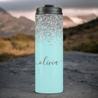Aqua Bleu Turquoise Argent Paillettes Monogramme