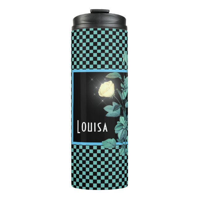 Bouteilles Isothermes Aqua Checkerboard Floral Personnalisé (Devant)