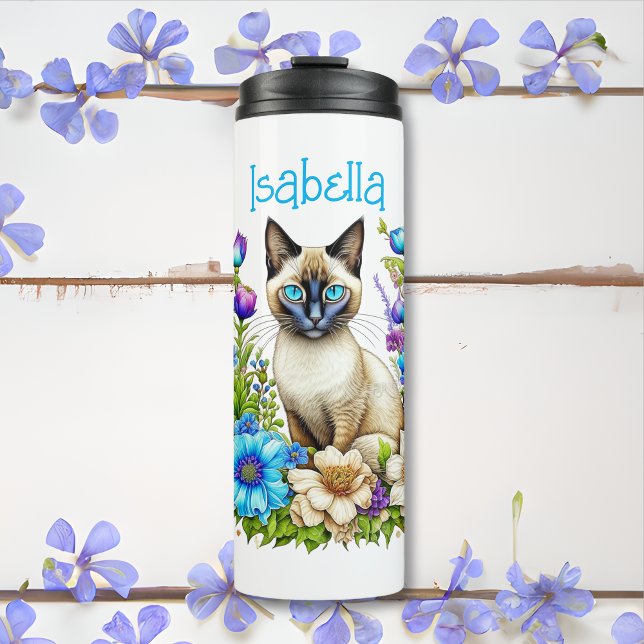 Bouteilles Isothermes Aquarelle Ai personnalisée Chat siamois en Fleurs (Créateur téléchargé)