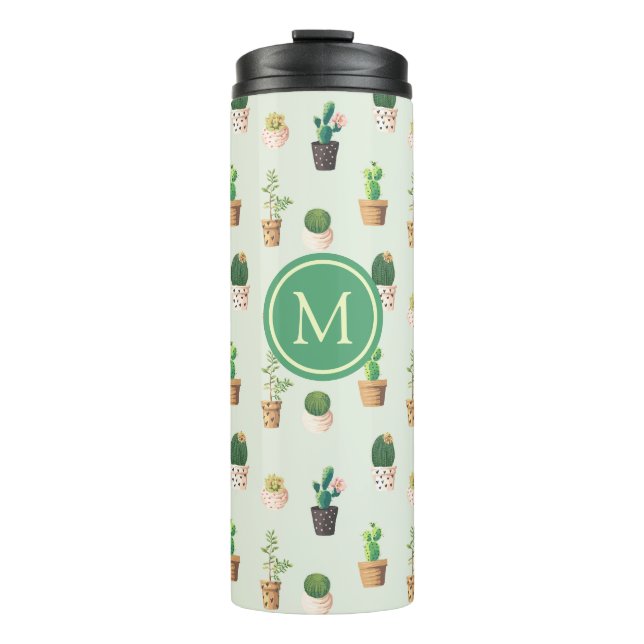 Bouteilles Isothermes Aquarelle Cactus Motif Mint vert Monogramme (Devant)