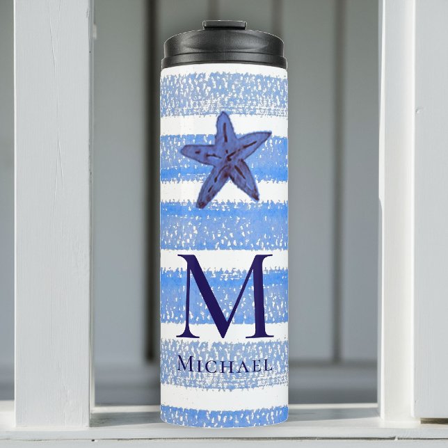 Bouteilles Isothermes Aquarelle de la plage de monogramme de Starfish (boy tumbler personalized monogram starfish sea blue stripes nautical ocean grandchild baby gift)
