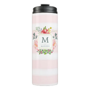 Bouteilles Isothermes Aquarelle Fleurs de pivoine avec monogramme et ray