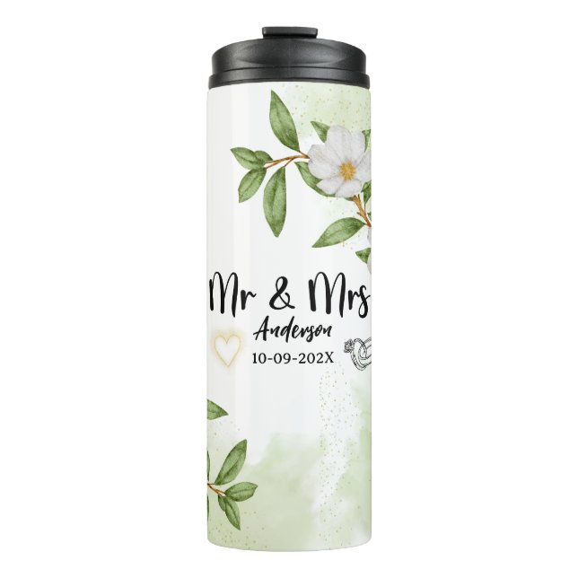 Bouteilles Isothermes Aquarelle florale blanche et verte (Devant)
