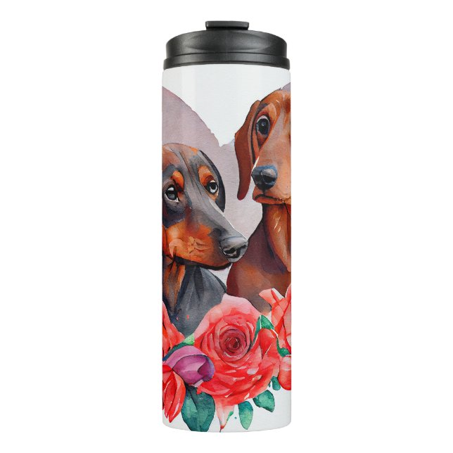 Bouteilles Isothermes Aquarelle Peinture de Dachshunds Roses rouges (Devant)