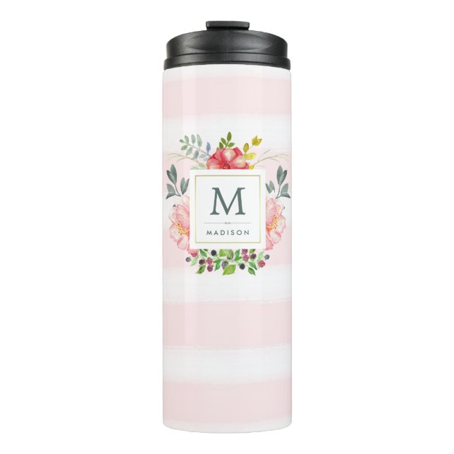 Bouteilles Isothermes Aquarelle Peony Flowers avec Monogramme et rayures (Devant)