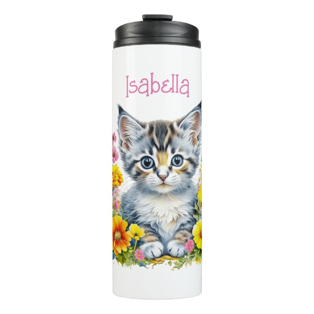 Bouteilles Isothermes Aquarelle personnalisée en gris chaton et fleurs (Devant)