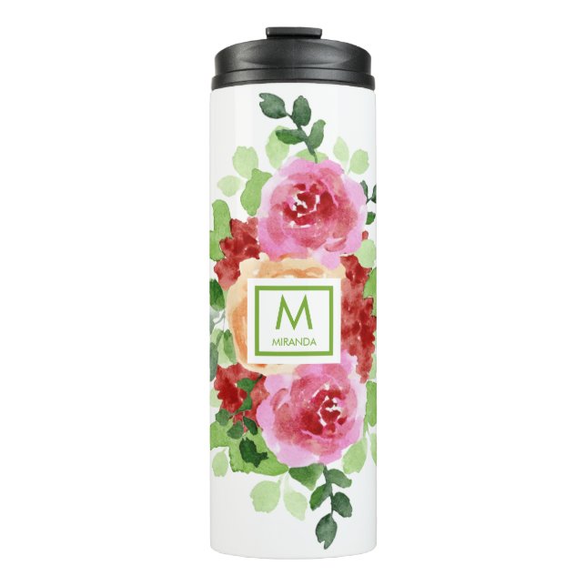Bouteilles Isothermes Aquarelle rose Pêche rouge Fleurs Monogramme (Devant)
