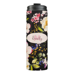 Bouteilles Isothermes Aquarelle rose Roses jaunes sur noir, Monogramme