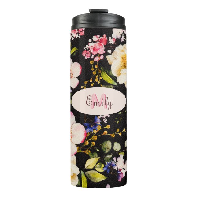 Bouteilles Isothermes Aquarelle rose Roses jaunes sur noir, Monogramme (Devant)