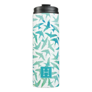 Bouteilles Isothermes Aquarelle verte et Turquoise Motif des oiseaux