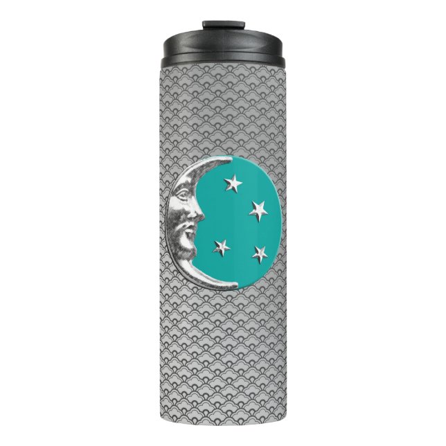 Bouteilles Isothermes Art Déco Lune et Etoiles, Turquoise & Argent (Devant)
