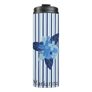 Bouteilles Isothermes Bandes florales élégantes personnalisées bleu mono