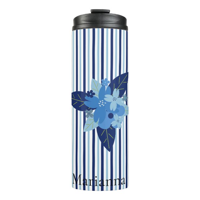 Bouteilles Isothermes Bandes florales élégantes personnalisées bleu mono (Devant)