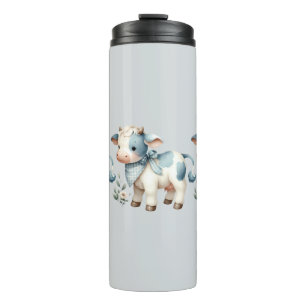 Bouteilles Isothermes Bébé Vache Gingham Bleu Pastel Esthétique Ferme