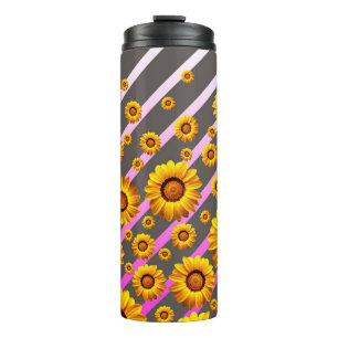 Bouteilles Isothermes Belles fleurs jaunes sur gris, rayures roses