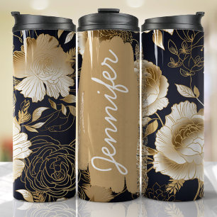 Bouteilles Isothermes Black and Gold Floral Ajouter un nom Cadeau person