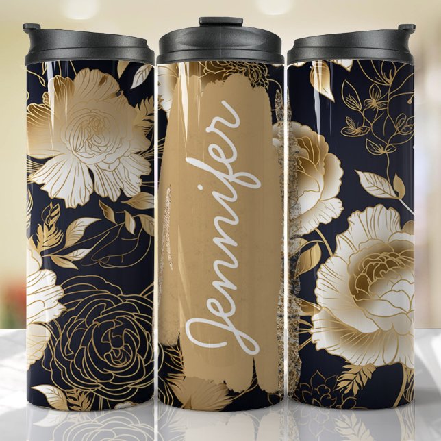 Bouteilles Isothermes Black and Gold Floral Ajouter un nom Cadeau person (Floral Personalized Tumbler)