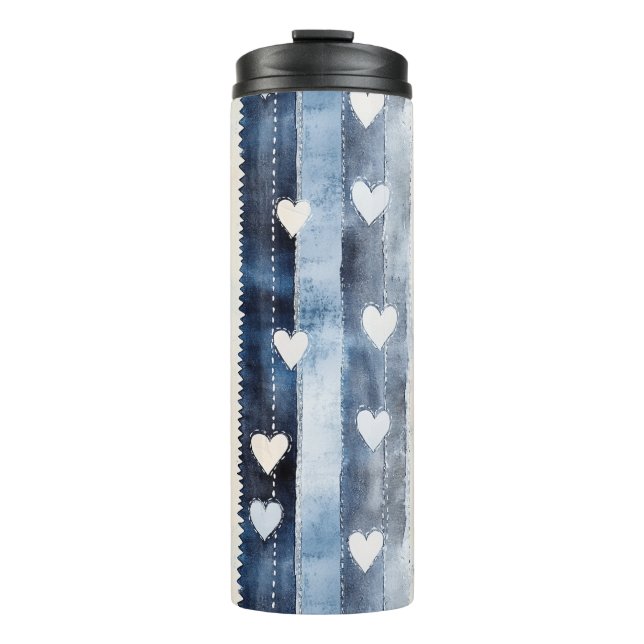Bouteilles Isothermes Bleu Blanc Denim Coeur rayures Anniversaire (Devant)
