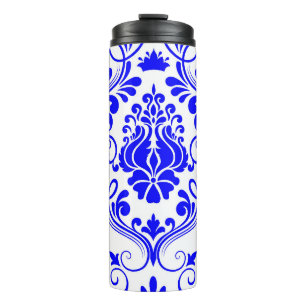 Bouteilles Isothermes Bleu et blanc Damas motif floral élégant
