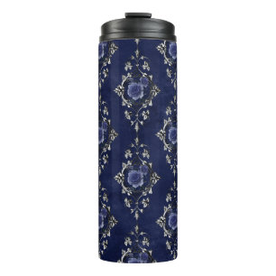Bouteilles Isothermes Bleu marine et argent vintage grunge floral damass